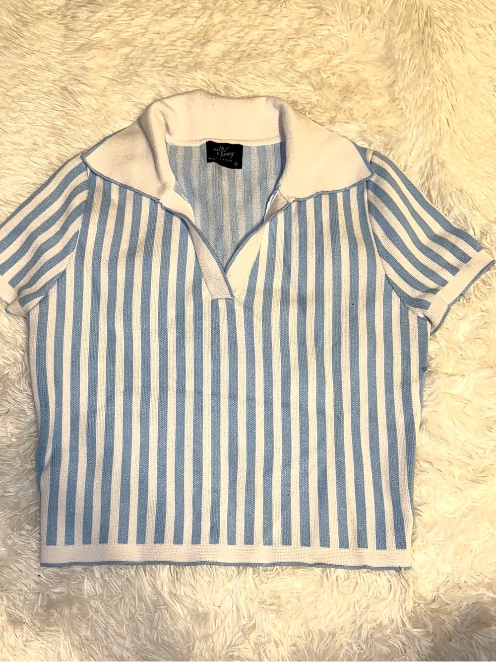Blue and White Vertical Stripe Knit Polo Top
